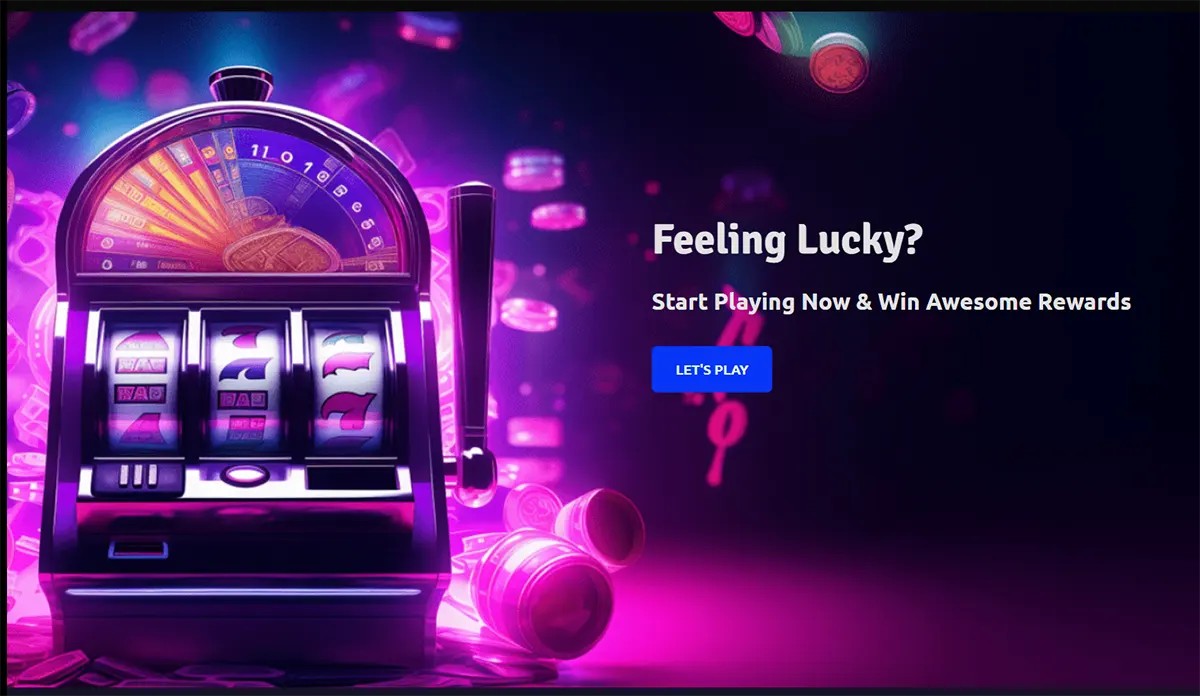 “Neon purple casino promo banner with a glowing slot machine and flying coins on the left, plus the headline ‘Feeling Lucky? Start Playing Now & Win Awesome Rewards’ and a blue ‘LET’S PLAY’ button on the right.”
