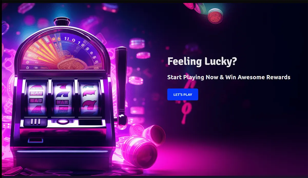 “Neon purple casino promo banner with a glowing slot machine and flying coins on the left, plus the headline ‘Feeling Lucky? Start Playing Now & Win Awesome Rewards’ and a blue ‘LET’S PLAY’ button on the right.”