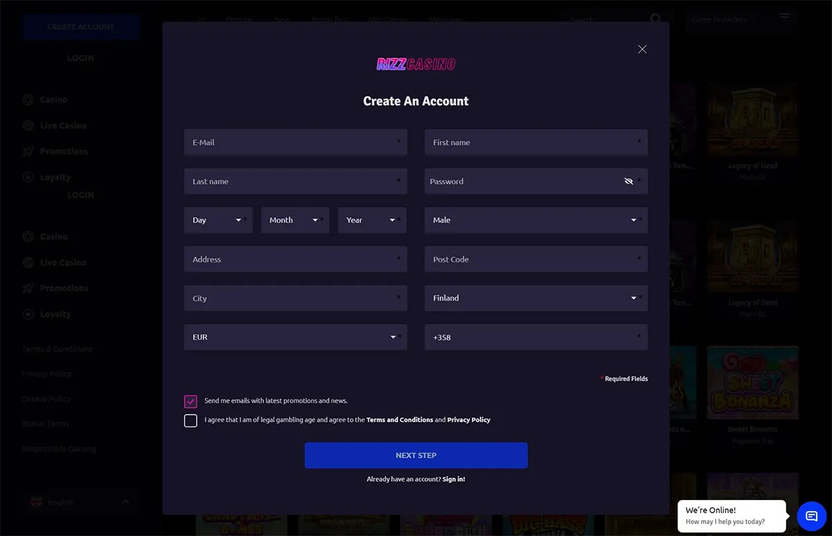 “Rizz Casino ‘Create An Account’ pop-up registration form with fields for email, first/last name, password, date of birth (day/month/year), gender, address, post code, city, country (Finland), currency (EUR), phone code (+358), two consent checkboxes, and a ‘NEXT STEP’ button, with a live chat widget in the corner.”