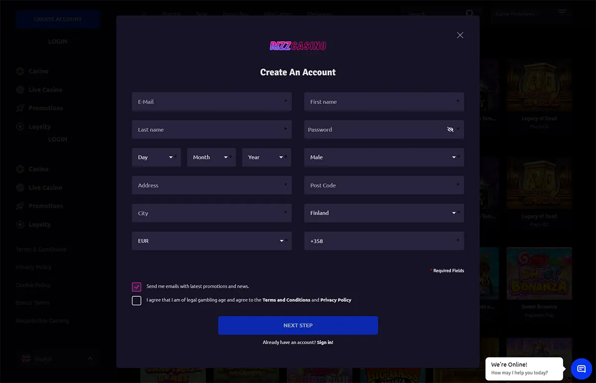 “Rizz Casino ‘Create An Account’ pop-up registration form with fields for email, first/last name, password, date of birth (day/month/year), gender, address, post code, city, country (Finland), currency (EUR), phone code (+358), two consent checkboxes, and a ‘NEXT STEP’ button, with a live chat widget in the corner.”
